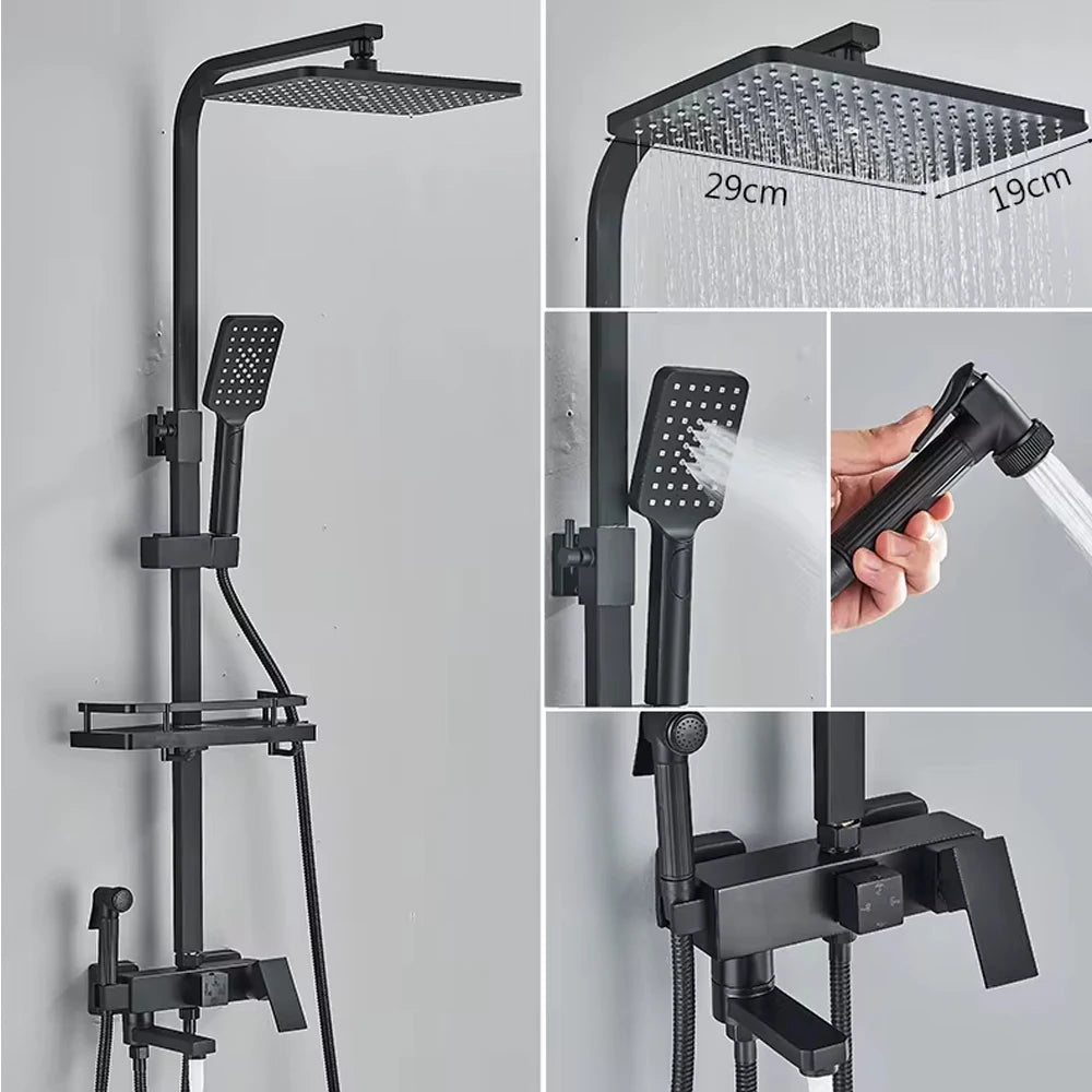 Chrome Brass Shower Faucet Set Rainfall Bathtub Tap With Bathroom Shelf 4 Function Height Adjust Shower Mixer Crane Fast Delivey