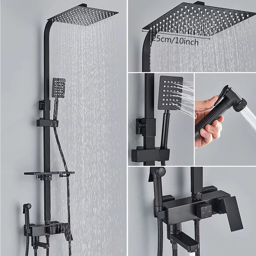 Chrome Brass Shower Faucet Set Rainfall Bathtub Tap With Bathroom Shelf 4 Function Height Adjust Shower Mixer Crane Fast Delivey