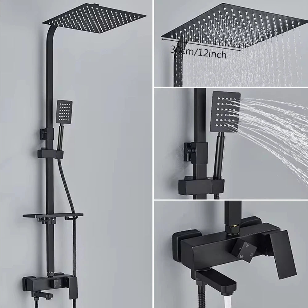 Chrome Brass Shower Faucet Set Rainfall Bathtub Tap With Bathroom Shelf 4 Function Height Adjust Shower Mixer Crane Fast Delivey